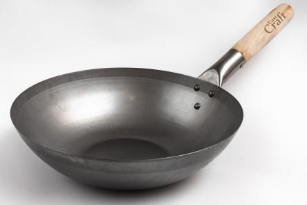East Craft Carbon Steel Wok with Wooden Handle (12 Inch, Flat Bottom)